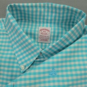 Brooks Brothers Dress Shirt Mens 2XL Blue Gingham Madison Fit Non Iron Stretch